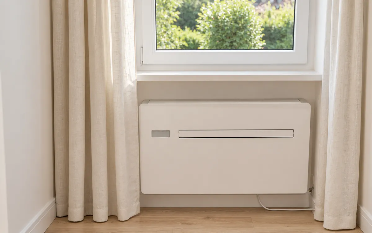 Klimagerät unter einem Fenster zwischen zwei Vorhängen