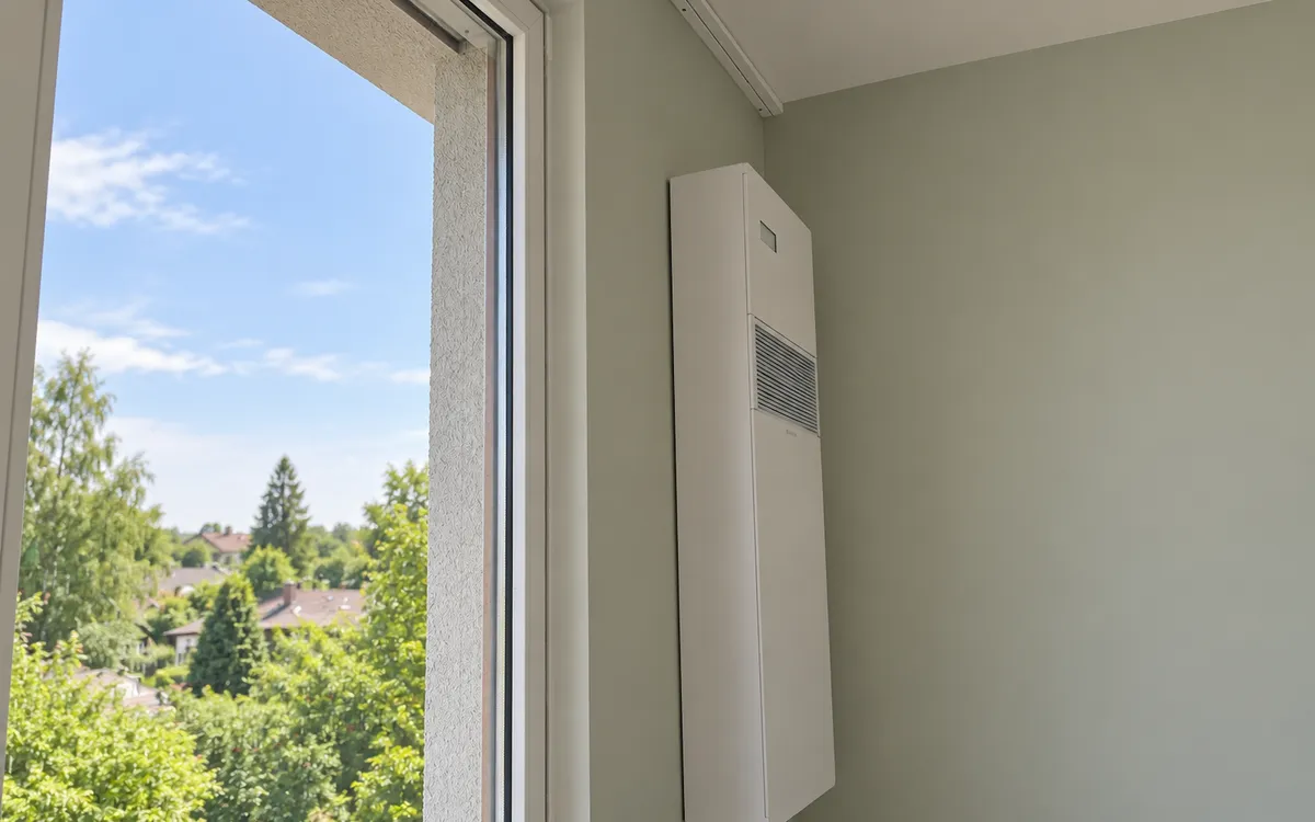 Klimagerät neben einem Fenster mit Blick ins Grüne