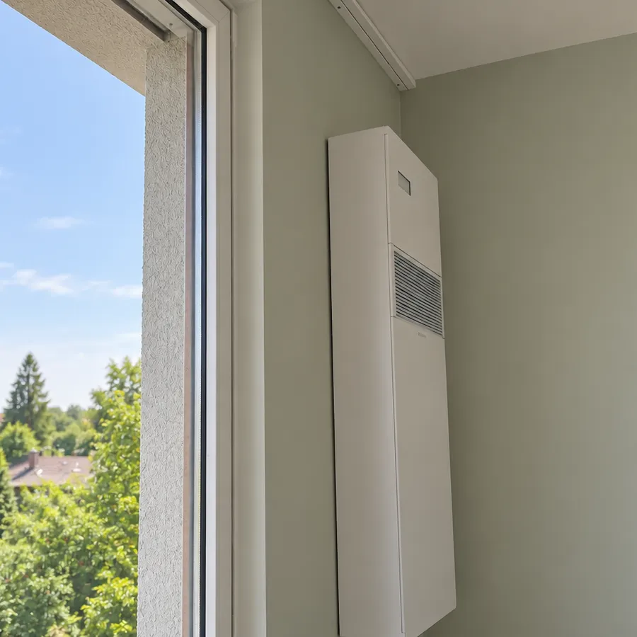 Wandgerät neben dem Fenster, Blick ins Grüne