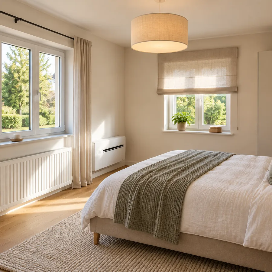 Klimagerät in einem hellen Schlafzimmer