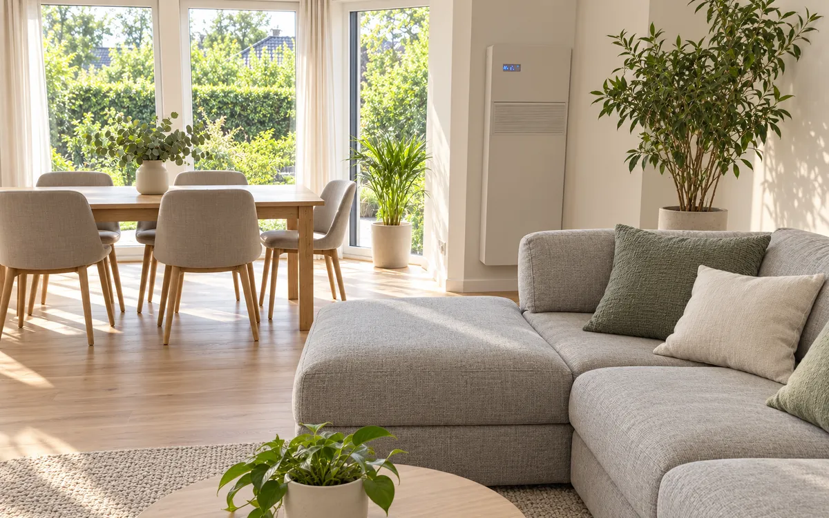 Helles Wohnzimmer mit Klimagerät an der Wand