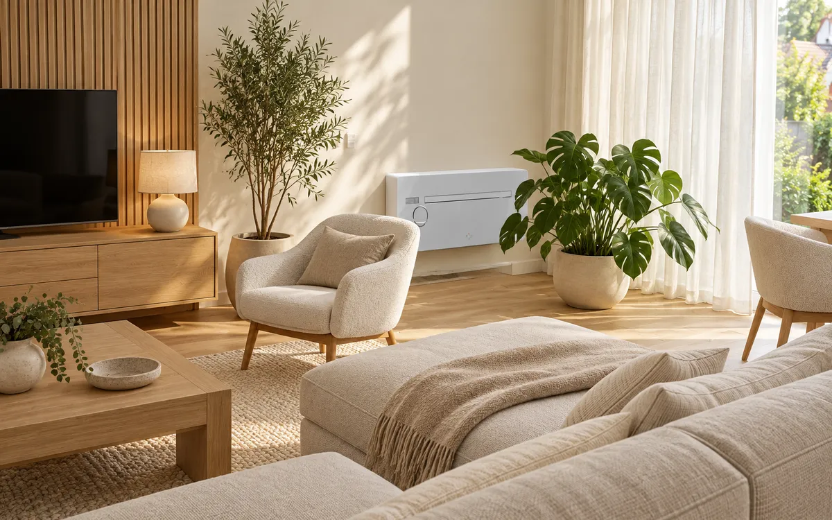 Wohnzimmer mit Klimagerät über dem Sofa