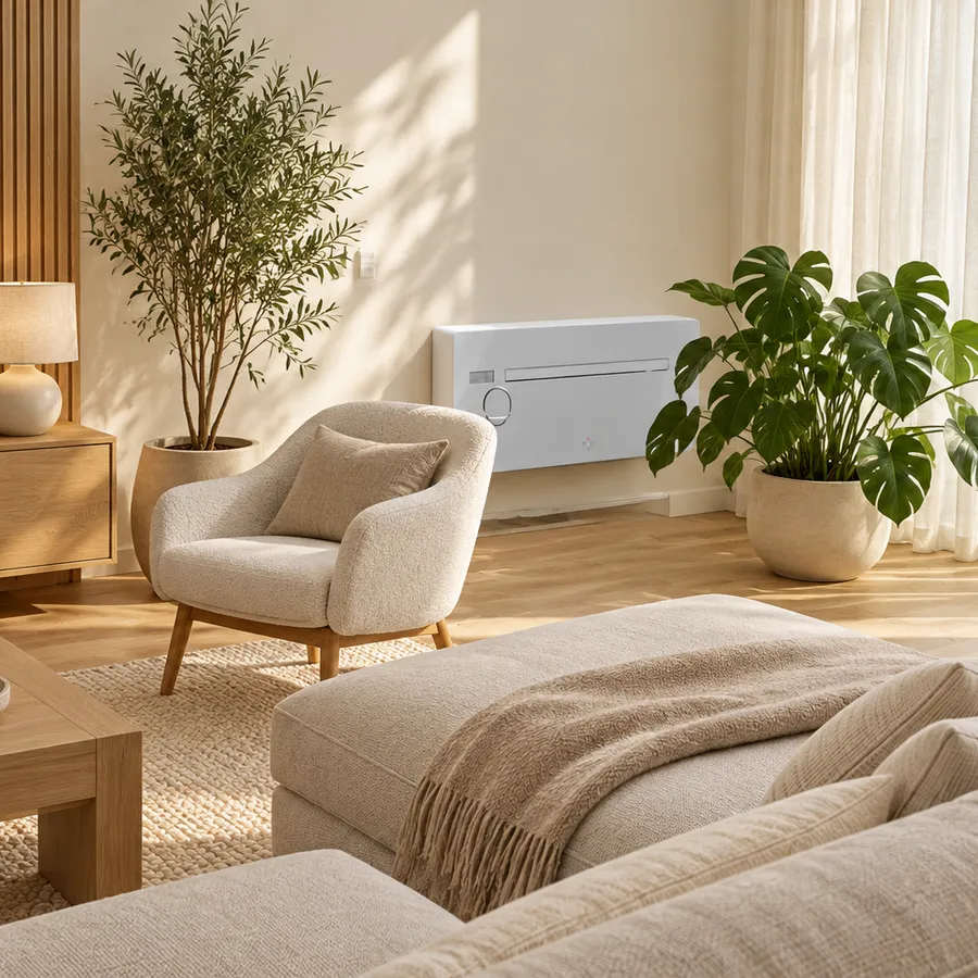 Wohnzimmer mit Wandgerät über dem Sofa